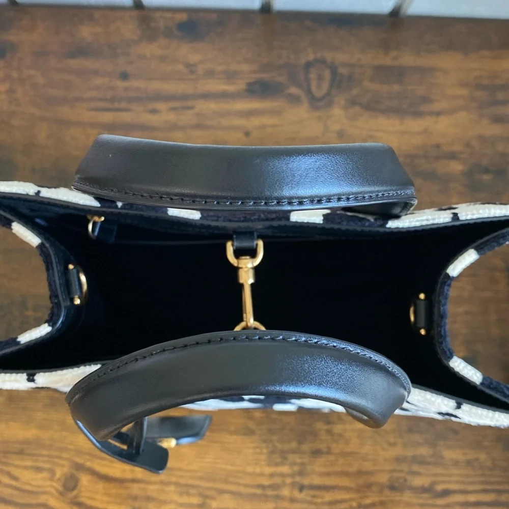 Kate Spade Manhattan Spade Flower Monogram Chenille Small Tote Black Cream Gold - Picture 7 of 15